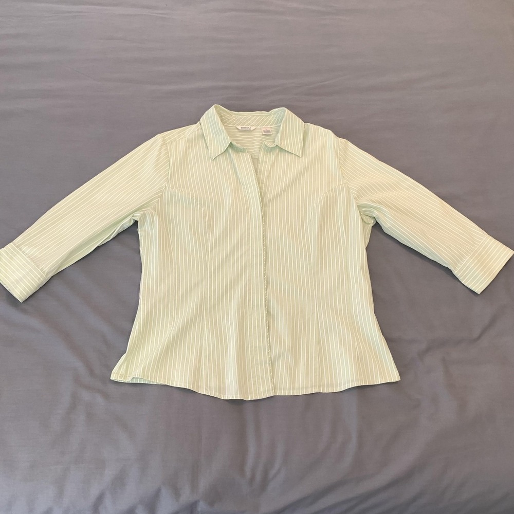 Riders Shirt Womens Large Green Stripe 3/4 Sleeve Instantly Slims You Top Fit